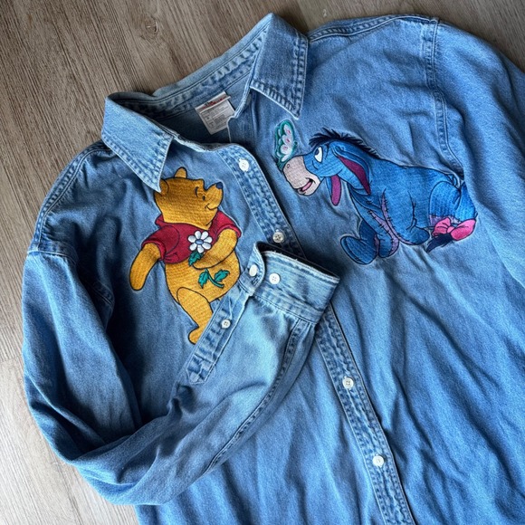 Disney Tops - Vintage Disney Winnie the Pooh Eeyore Embroidered Denim Shirt Light Wash Large